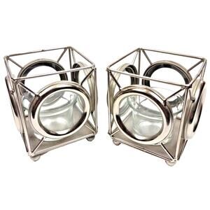 Metal and Glass Square Candle Holders 4 Sided Chrome Zodax Set Of 2 India